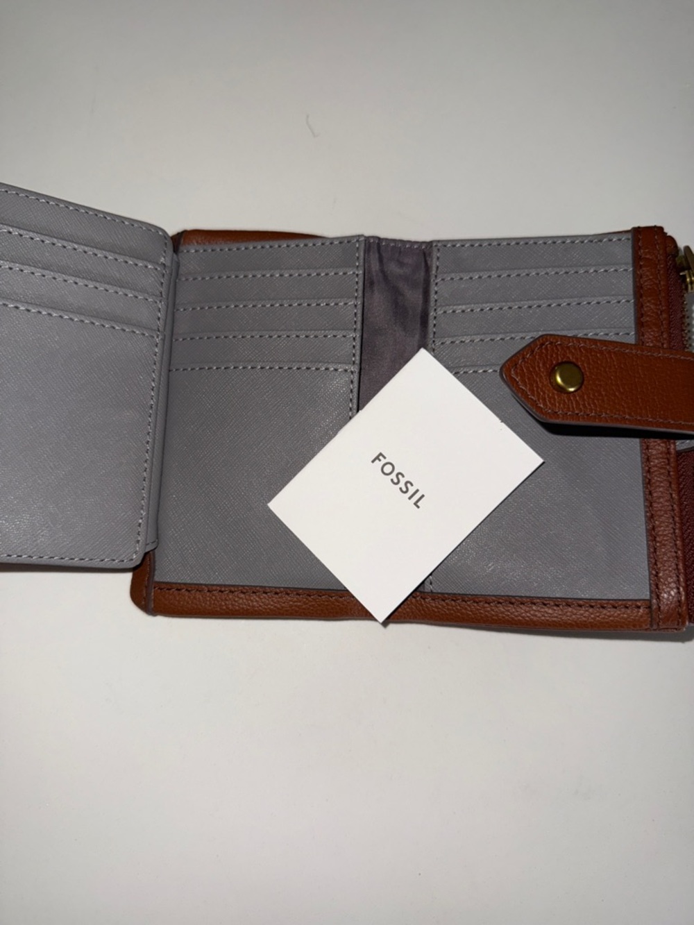 Fossil Gray and Brown Leather Bifold Wallet with Snap and Zip